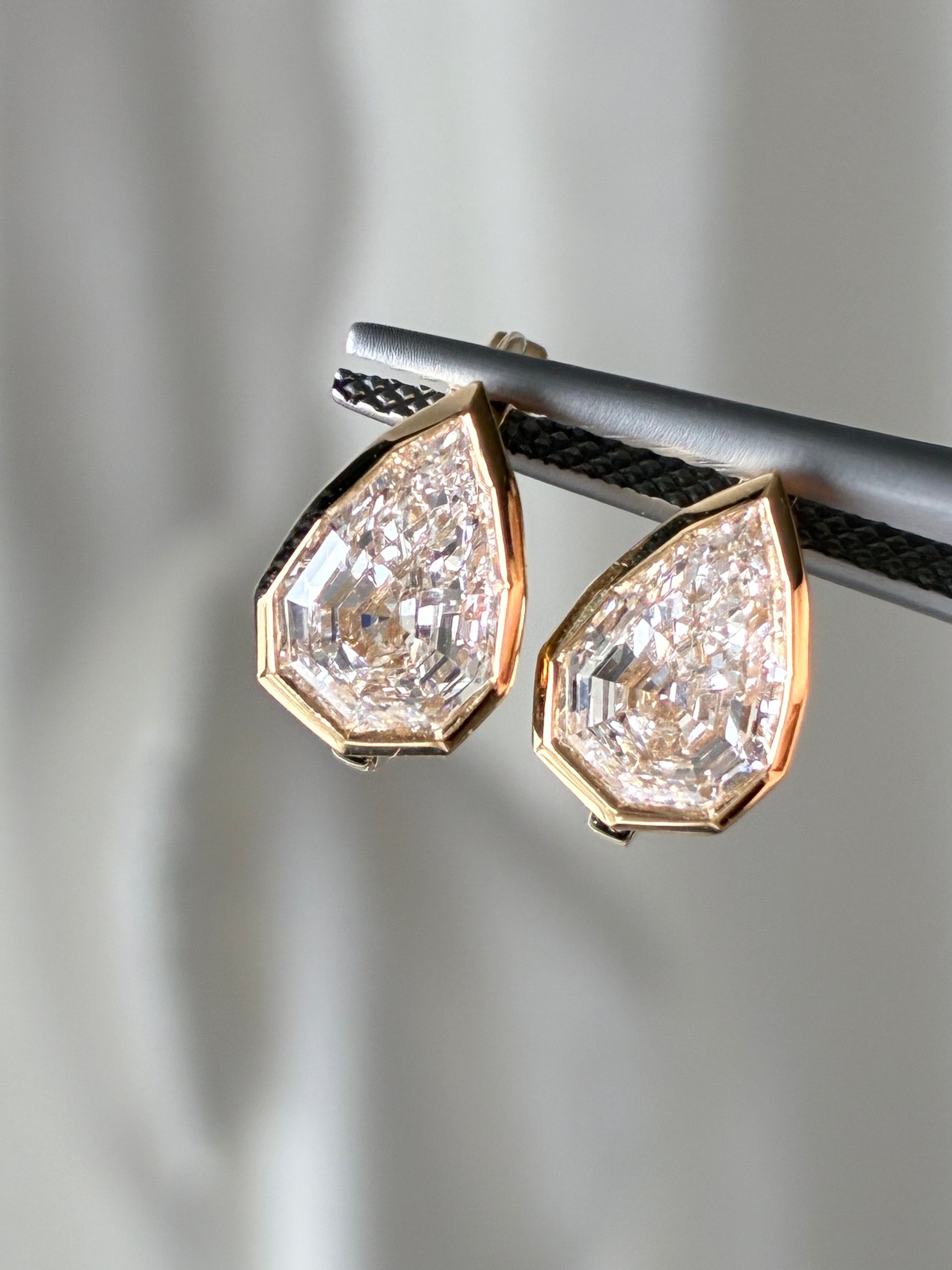 Pear Step Cut Lab Grown Diamond Bezel Drop Earrings | Solid 18K Yellow Gold Handcrafted Geometric Dangle Earrings