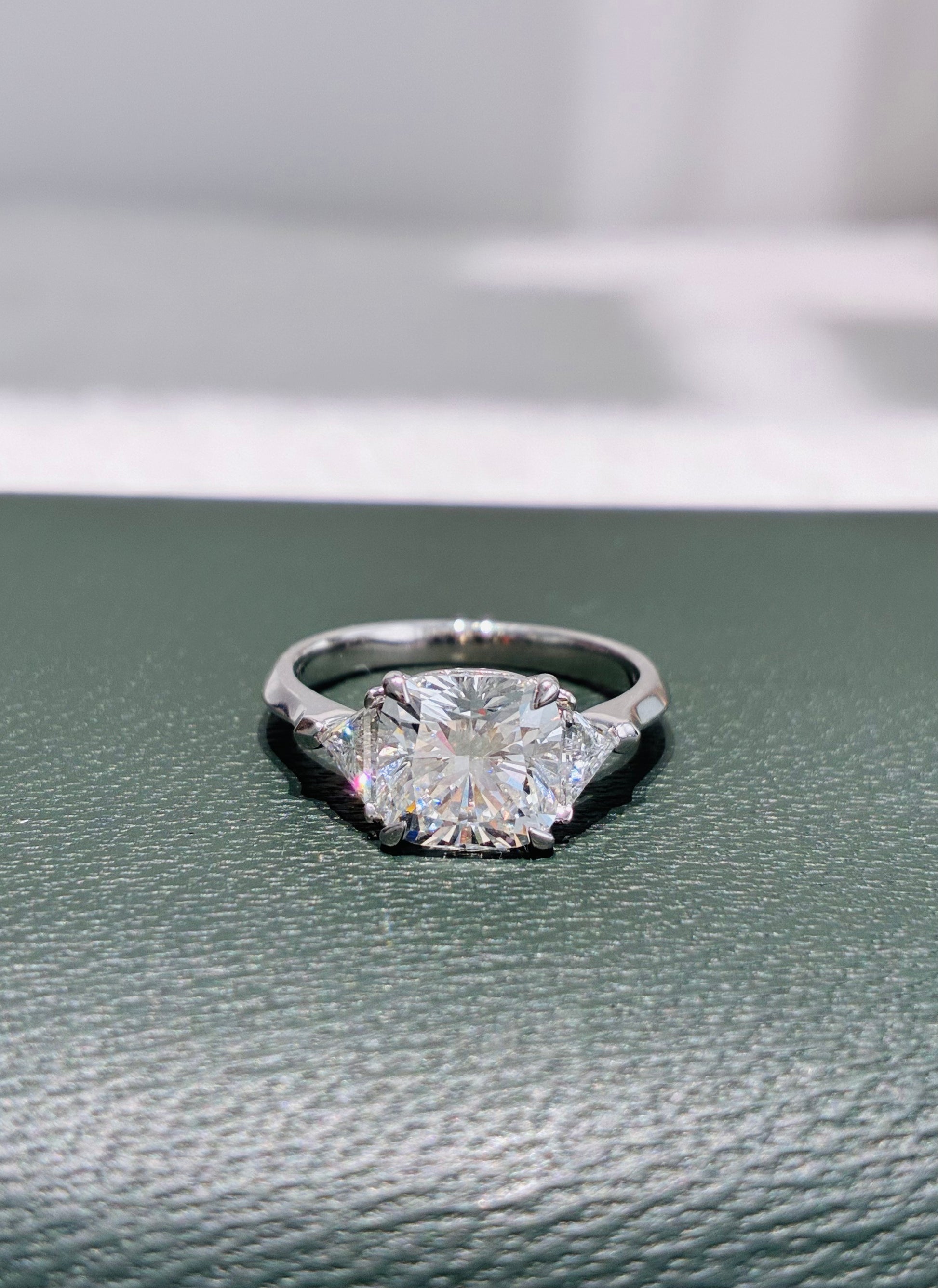 Cushion Cut Three Stone Lab Grown Diamond Engagement Ring | Solid 14K White Gold Sleek Plain Shank Solitaire Wedding Ring