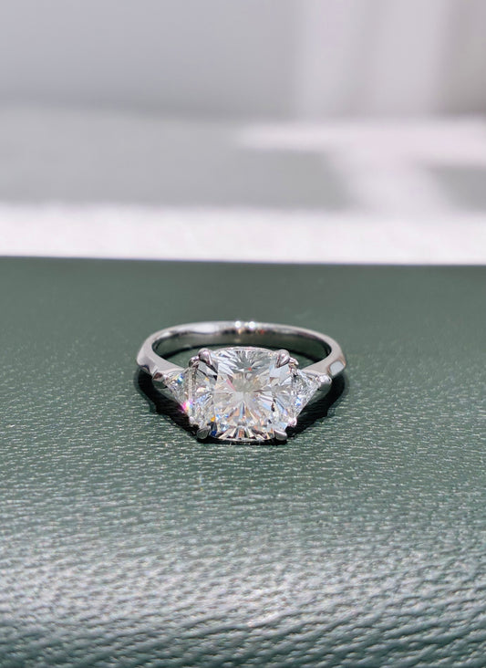 Cushion Cut Three Stone Lab Grown Diamond Engagement Ring | Solid 14K White Gold Sleek Plain Shank Solitaire Wedding Ring