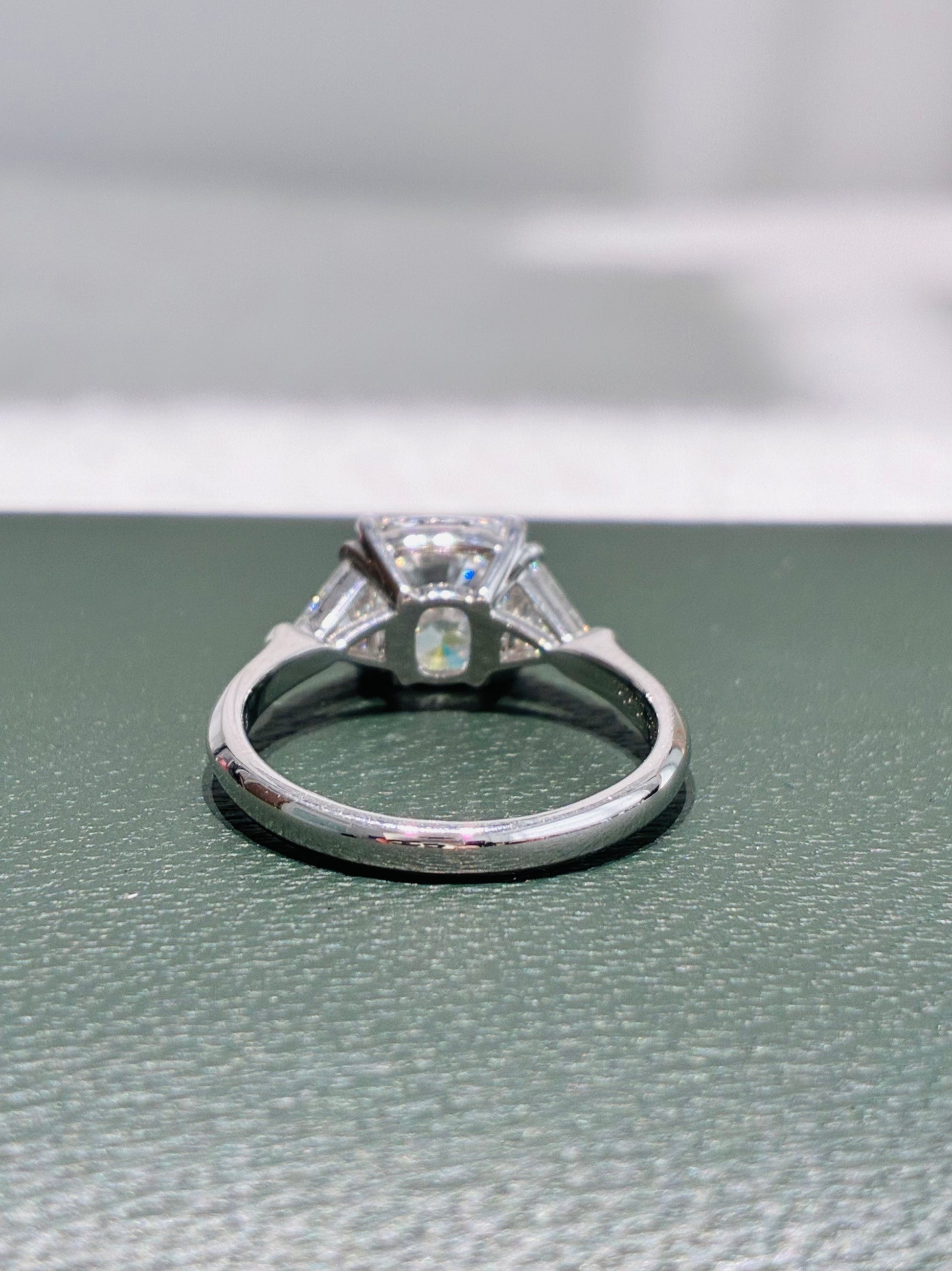 Cushion Cut Three Stone Lab Grown Diamond Engagement Ring | Solid 14K White Gold Sleek Plain Shank Solitaire Wedding Ring