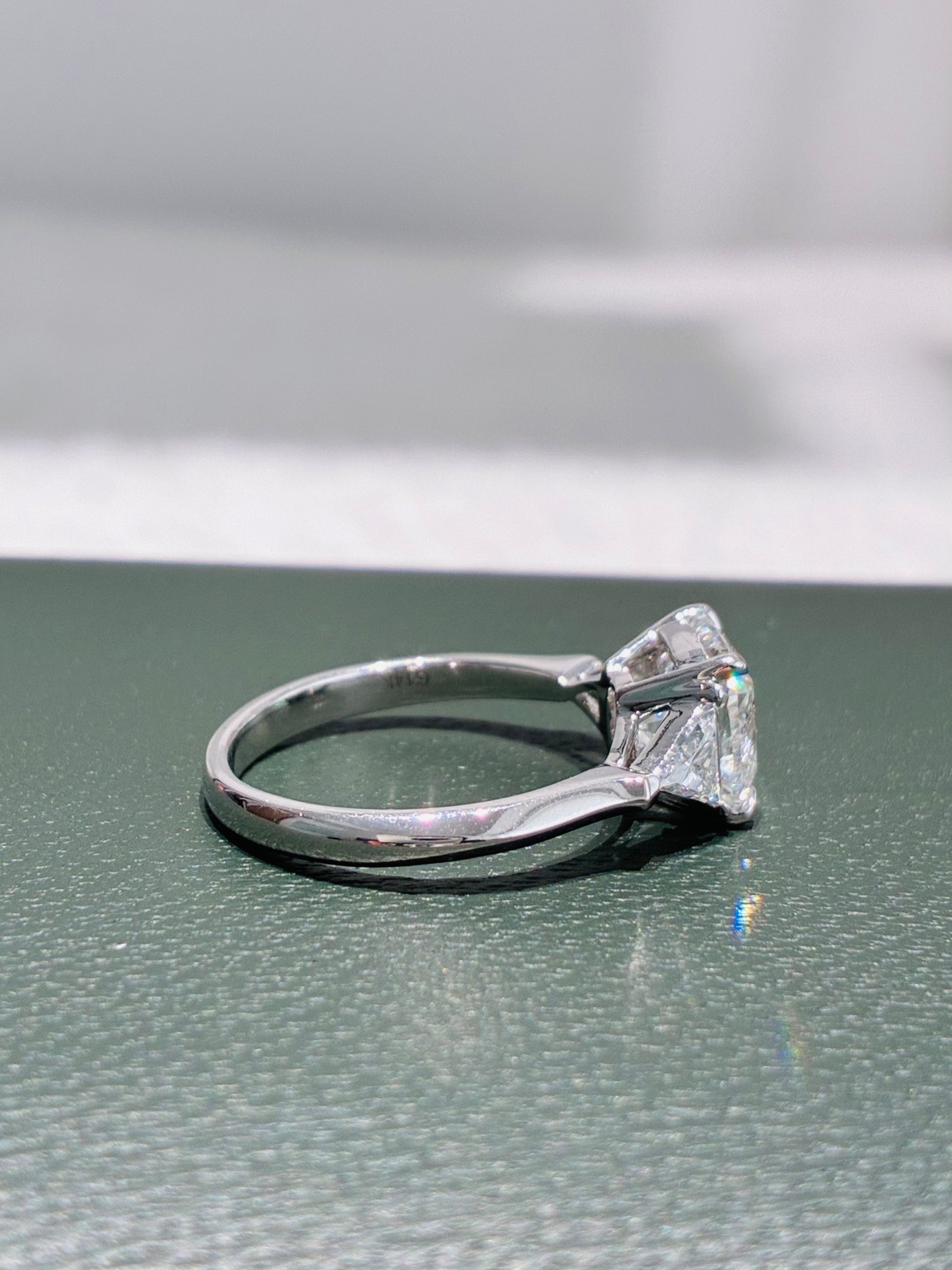 Cushion Cut Three Stone Lab Grown Diamond Engagement Ring | Solid 14K White Gold Sleek Plain Shank Solitaire Wedding Ring