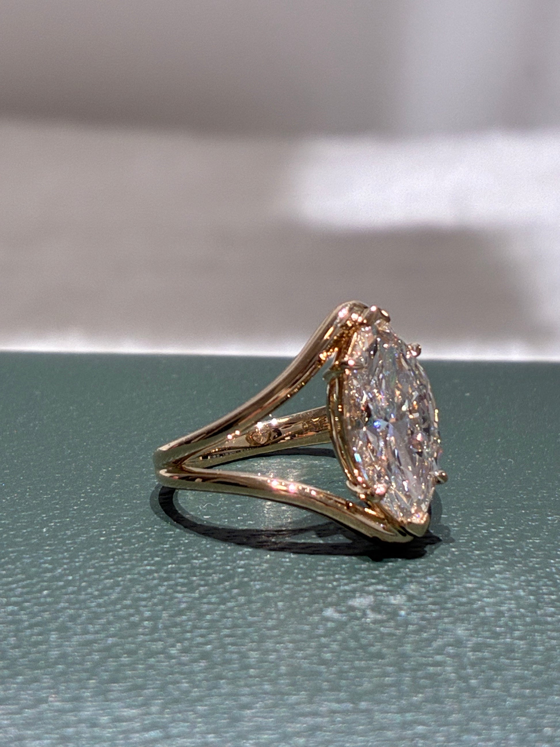 3CT Marquise Cut Lab Grown Diamond | Geometric Open Split Shank Solitaire |18K Yellow Gold
