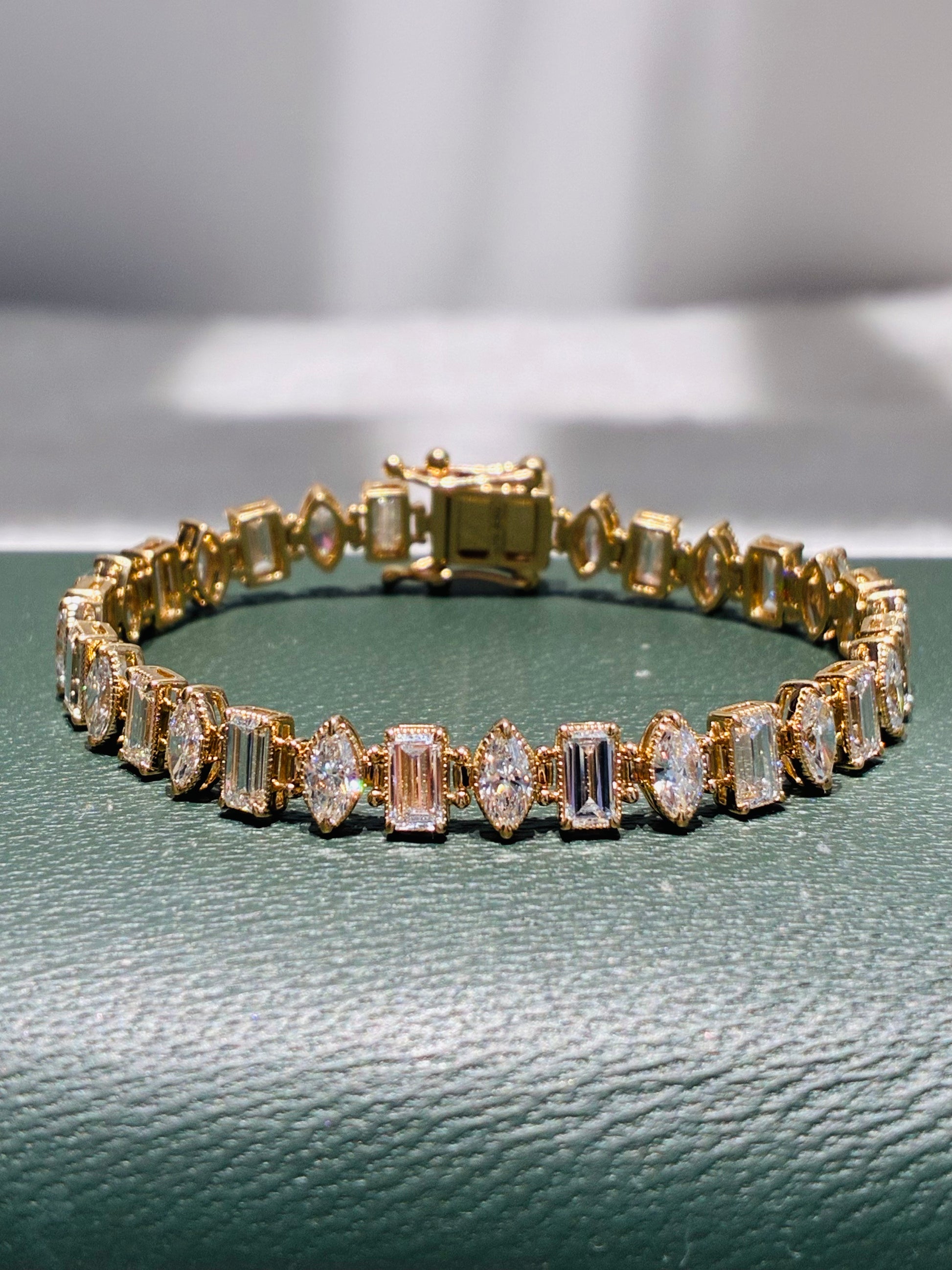 Vintage Milgrain Alternating Emerald & Marquise Lab Grown Diamond Tennis Bracelet | Solid 18K Yellow Gold Antique Stackable Bracelet
