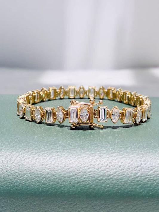 Vintage Milgrain Alternating Emerald & Marquise Lab Grown Diamond Tennis Bracelet | Solid 18K Yellow Gold Antique Stackable Bracelet