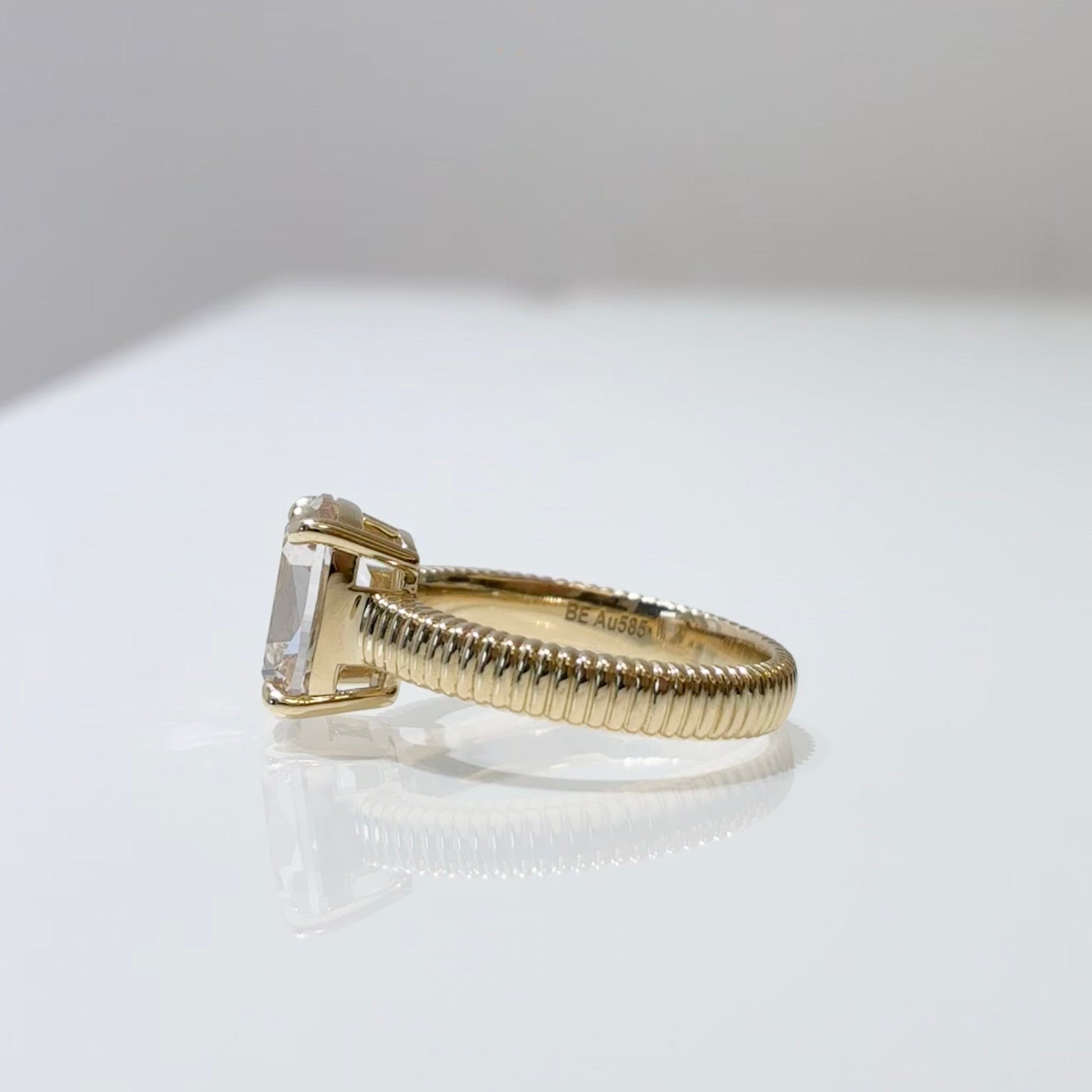 Cushion Cut Champagne Lab Grown Diamond | Vintage Ribbed Shank Solitaire Ring | 14K Gold