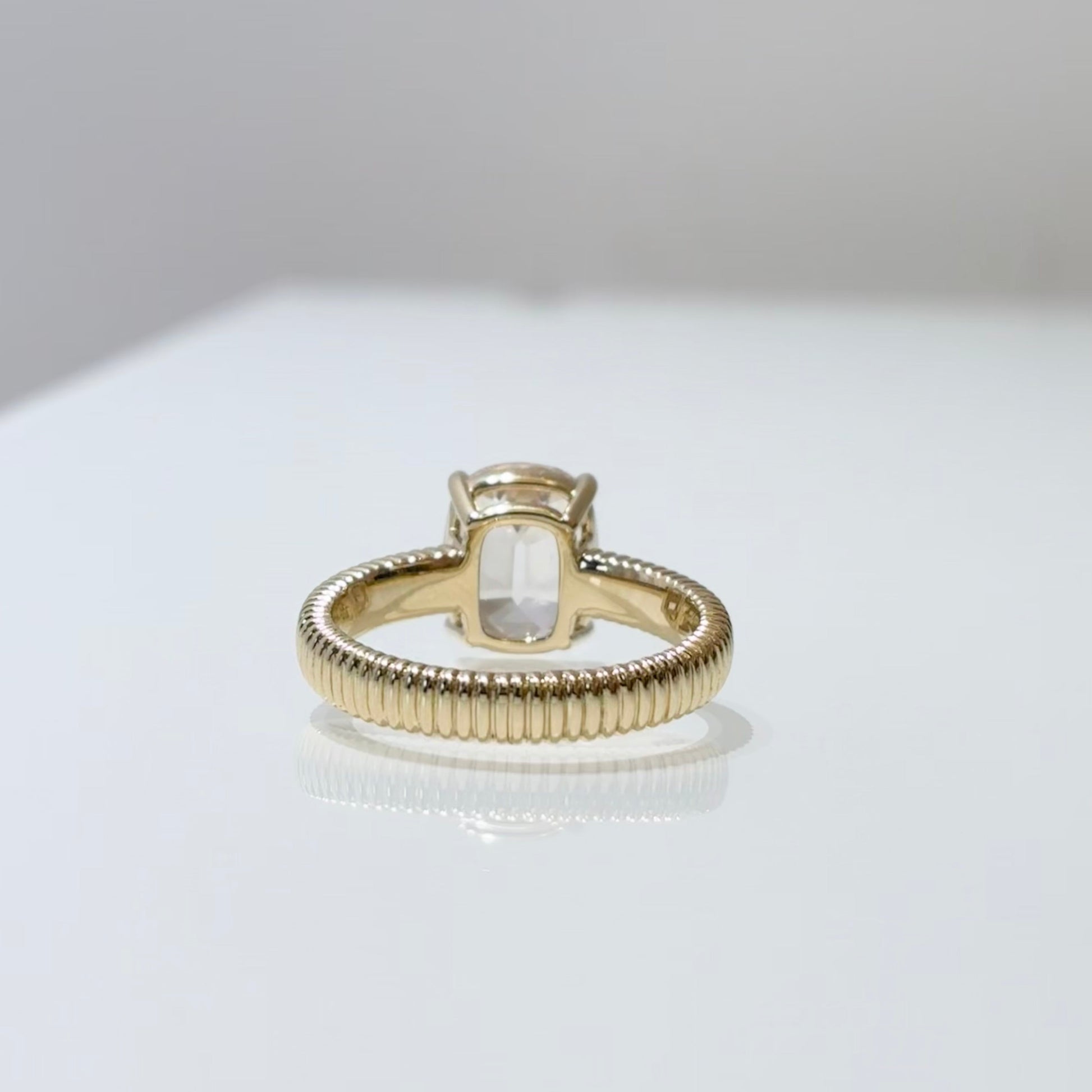 Cushion Cut Champagne Lab Grown Diamond | Vintage Ribbed Shank Solitaire Ring | 14K Gold