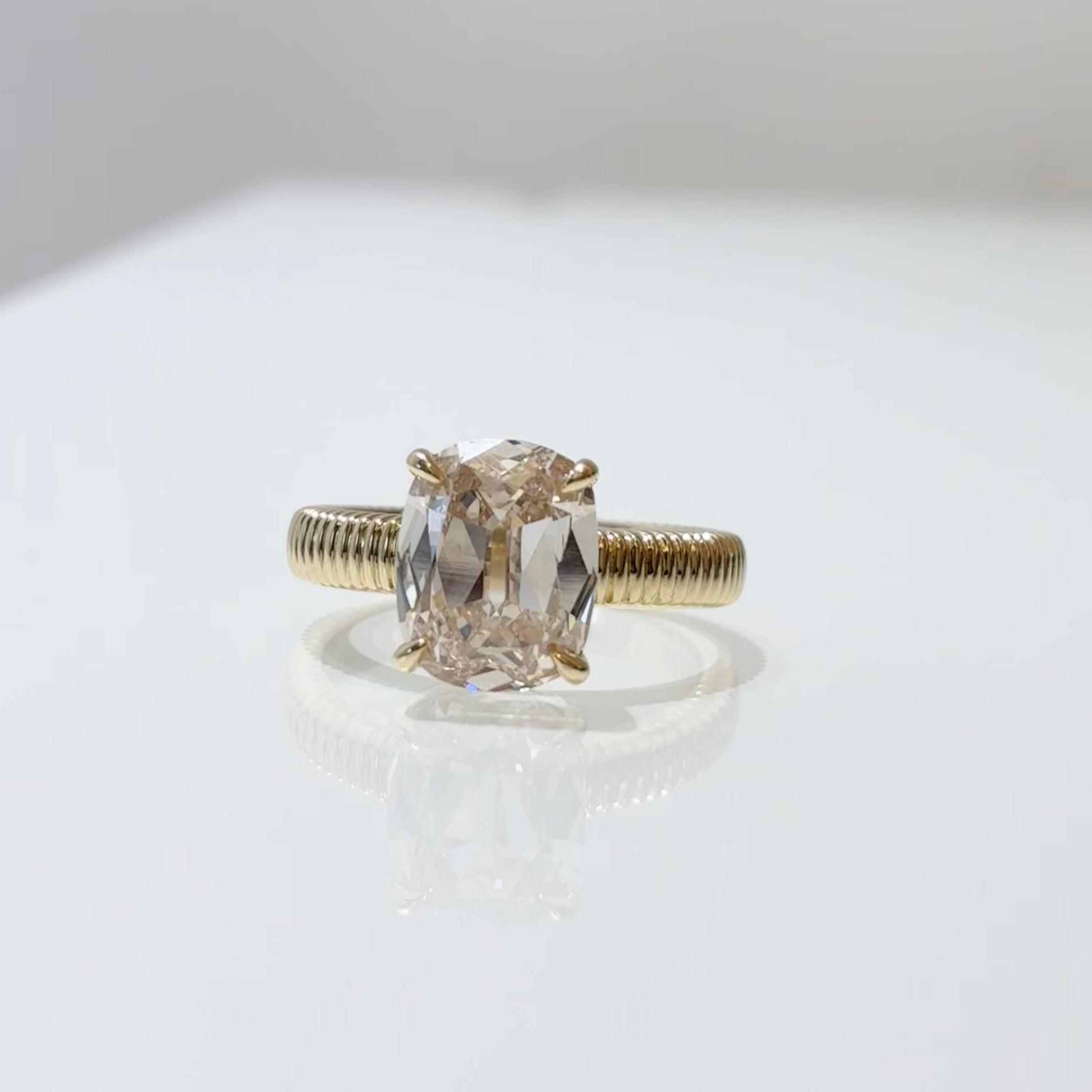 Cushion Cut Champagne Lab Grown Diamond | Vintage Ribbed Shank Solitaire Ring | 14K Gold