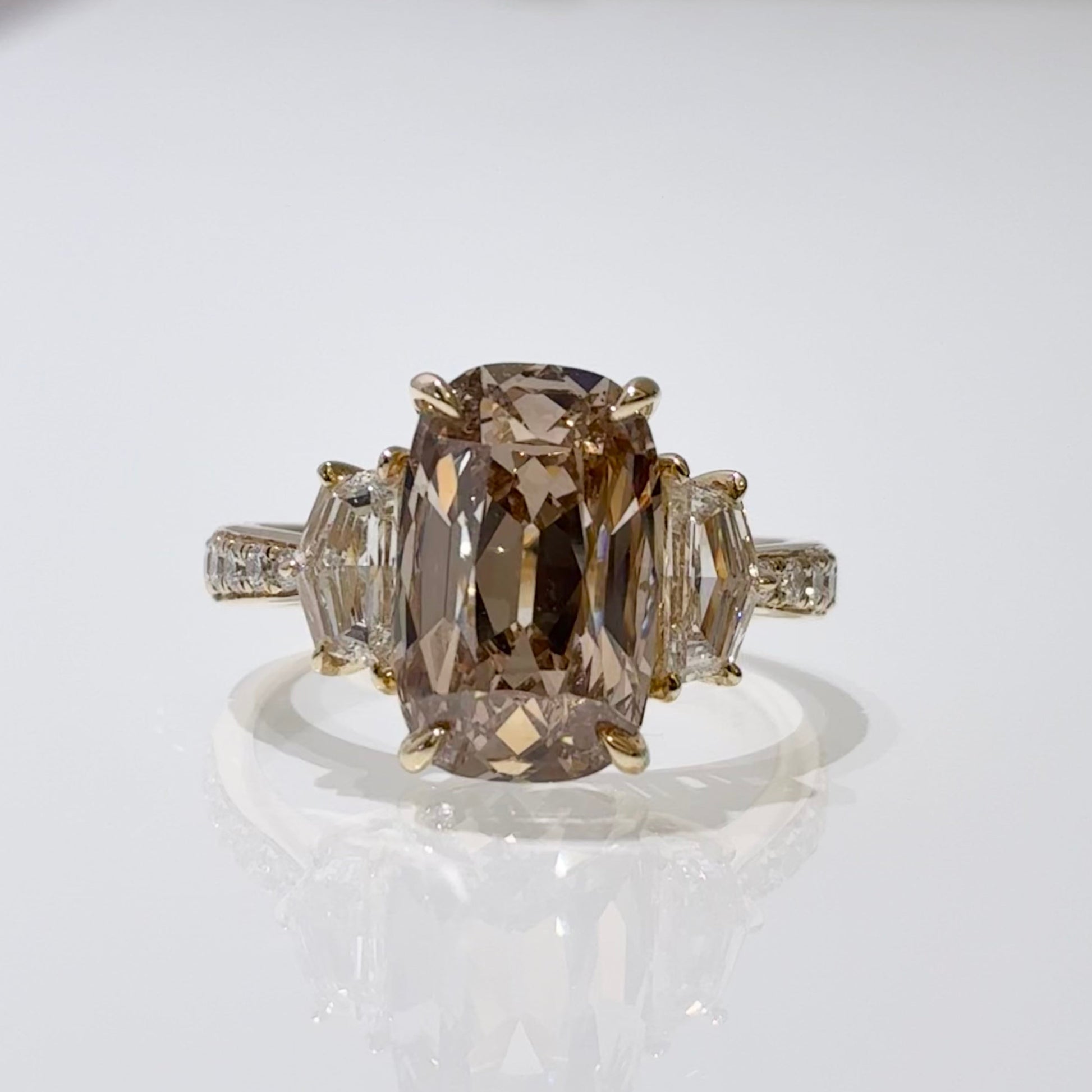 Elongated Cushion Champagne Lab Diamond | Three Stone Ring | 18K Gold