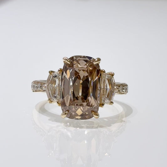 Elongated Cushion Champagne Lab Diamond | Three Stone Ring | 18K Gold