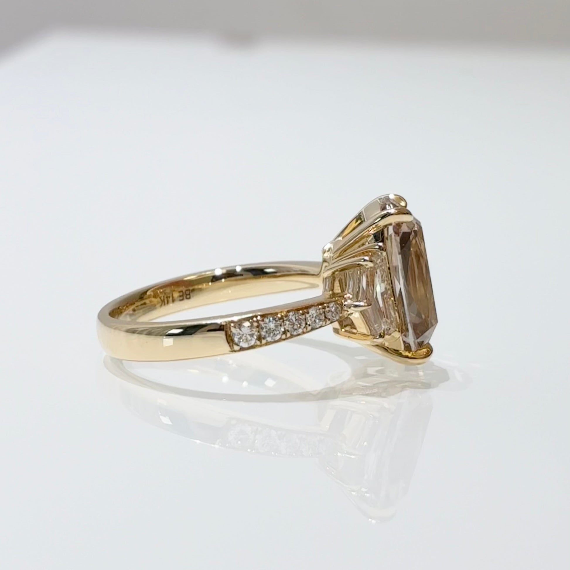Elongated Cushion Champagne Lab Diamond | Three Stone Ring | 18K Gold