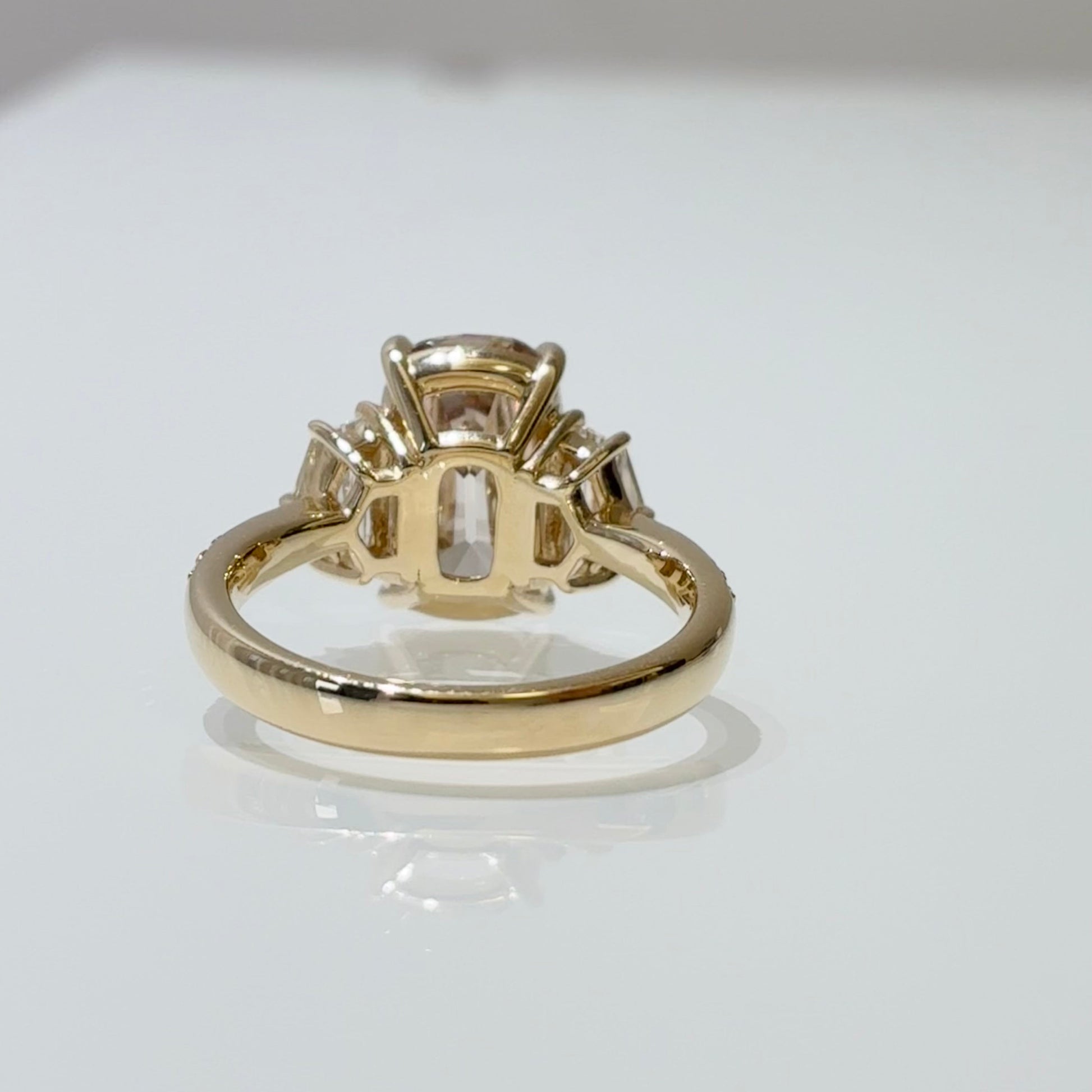 Elongated Cushion Champagne Lab Diamond | Three Stone Ring | 18K Gold