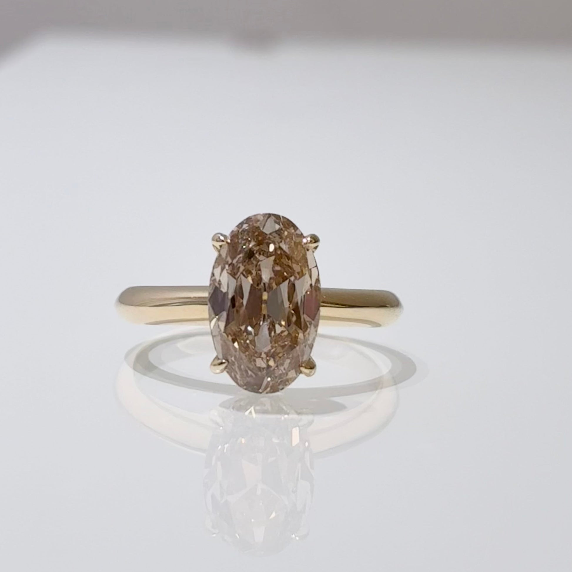 Oval Champagne Lab Diamond Solitaire Ring | Simple Smooth Band | 14K Gold