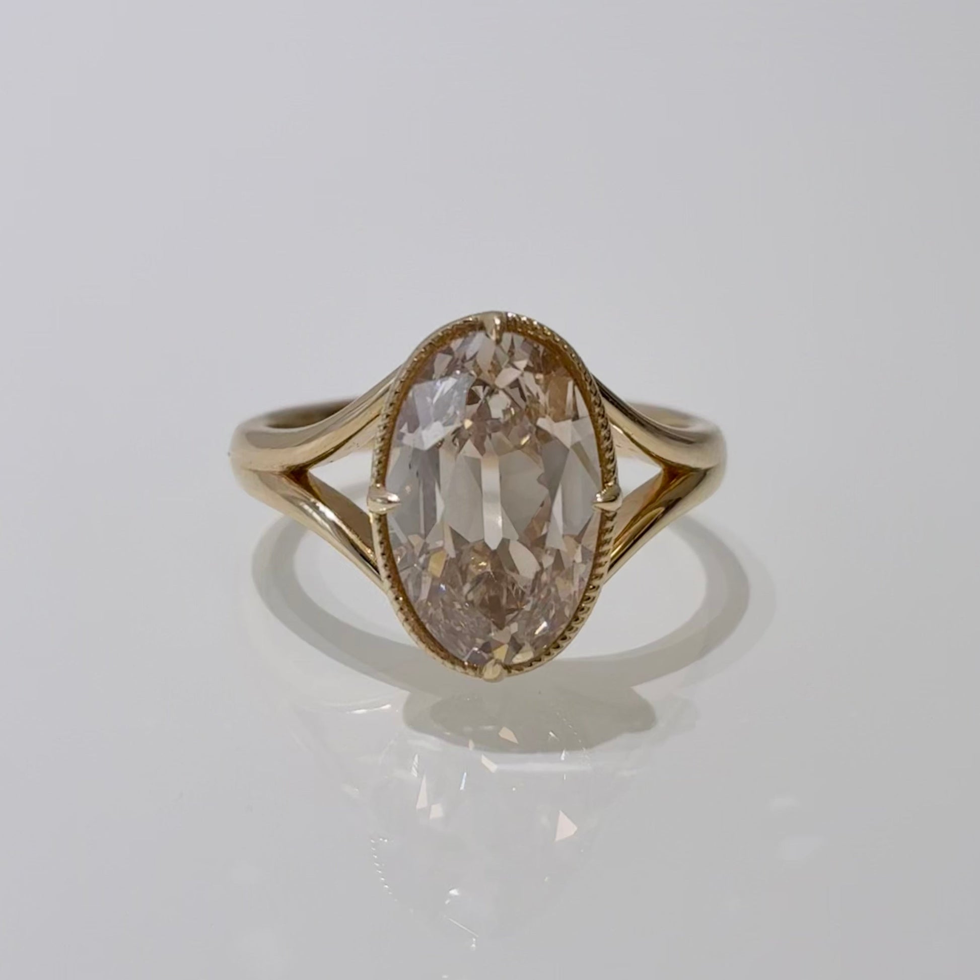 Oval Champagne Lab Diamond |Vintage Milgrain |Double Split Shank | 14K Gold