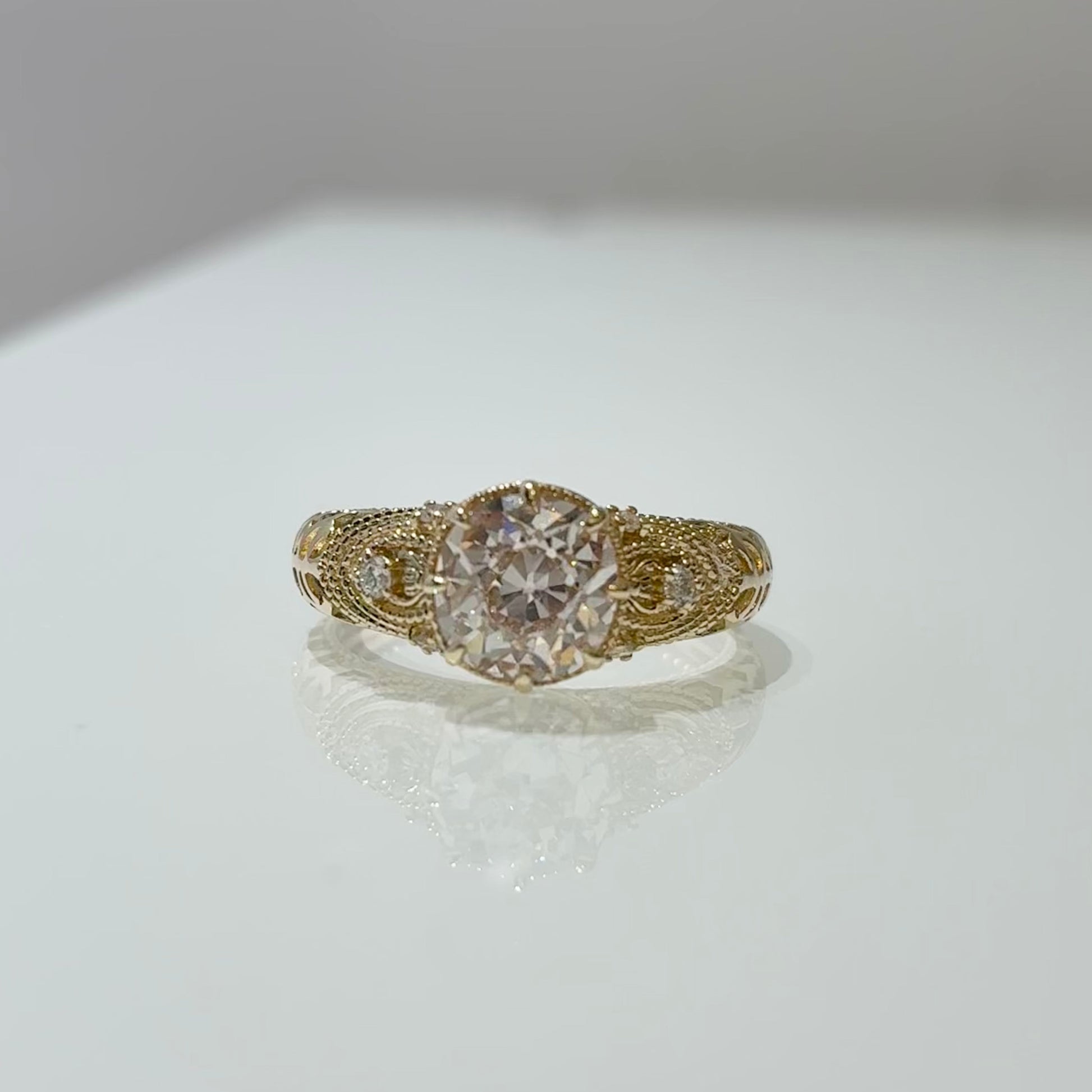 Round Lab Grown Diamond | Vintage Filigree Milgrain Engagement Ring| 14K Gold