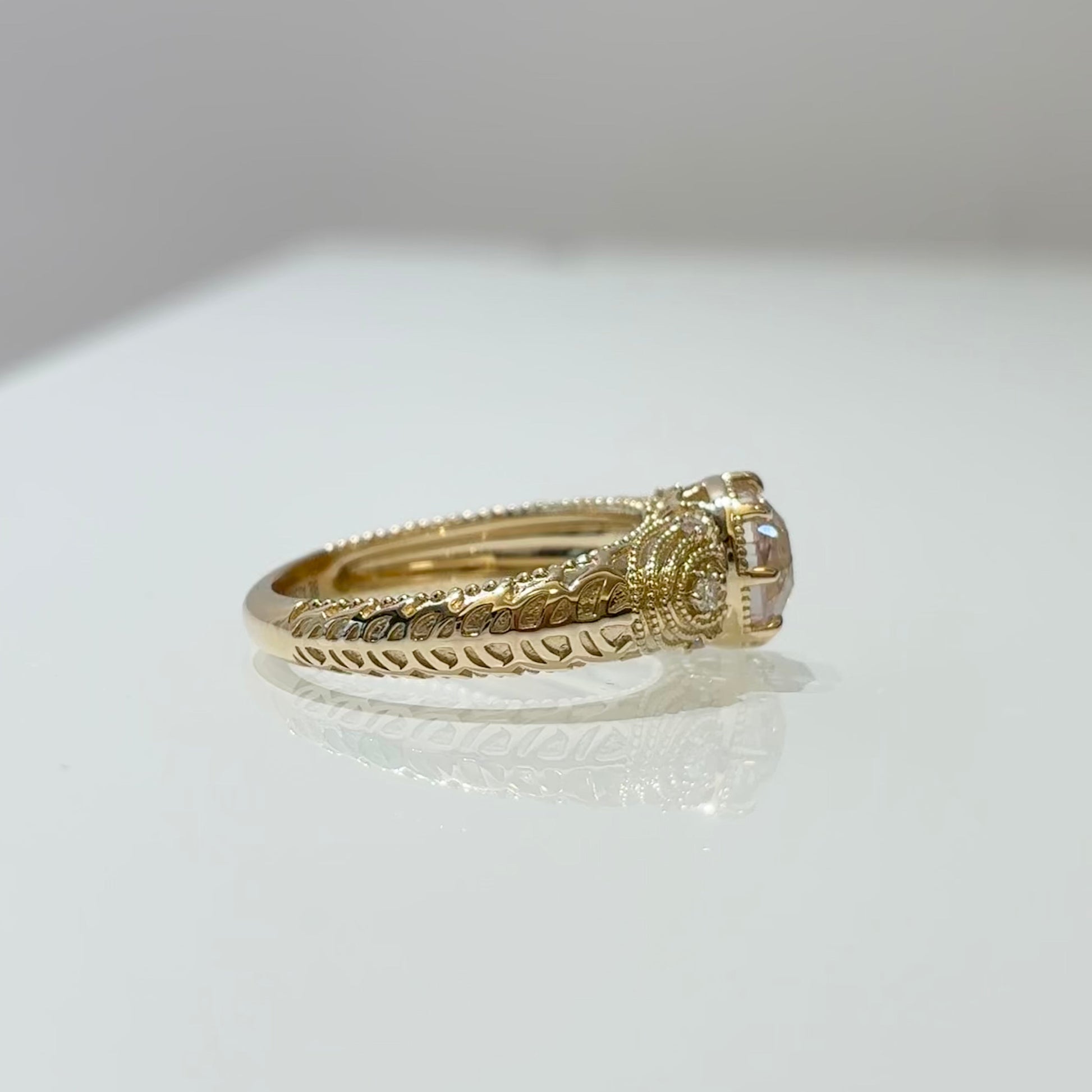Round Lab Grown Diamond | Vintage Filigree Milgrain Engagement Ring| 14K Gold