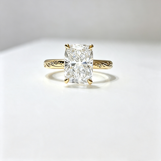 Elongated Old Mine Cut Lab Grown Diamond Engagement Ring | 18K Gold | Vintage Leaf Engraved Band