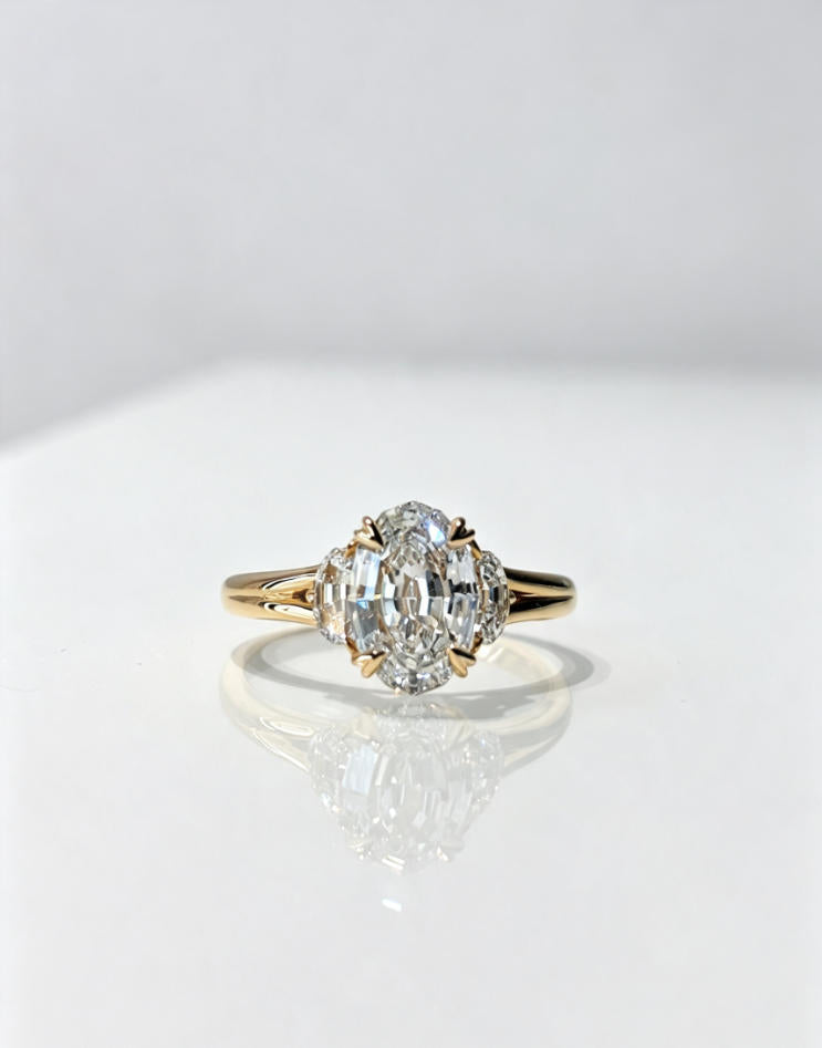 2 carat Oval Step Cut Three Stone Lab Diamond Engagement Ring | 18K Gold