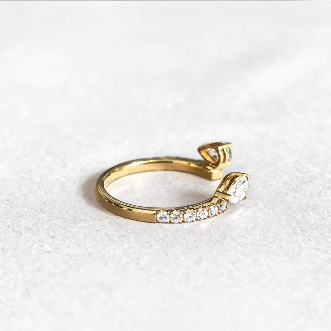 Open-End Pear Cut Diamond Ring | Half Pavé Band | 18K Yellow Gold