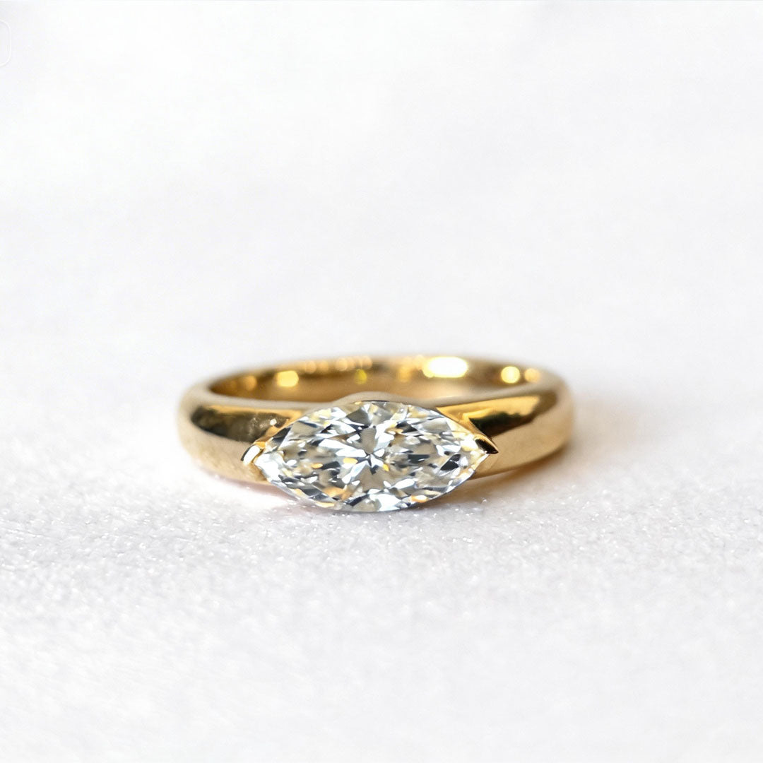 18K Gold Plain Band | Horizontal Marquise Diamond | Modern Solitaire | 1ct Lab-Grown