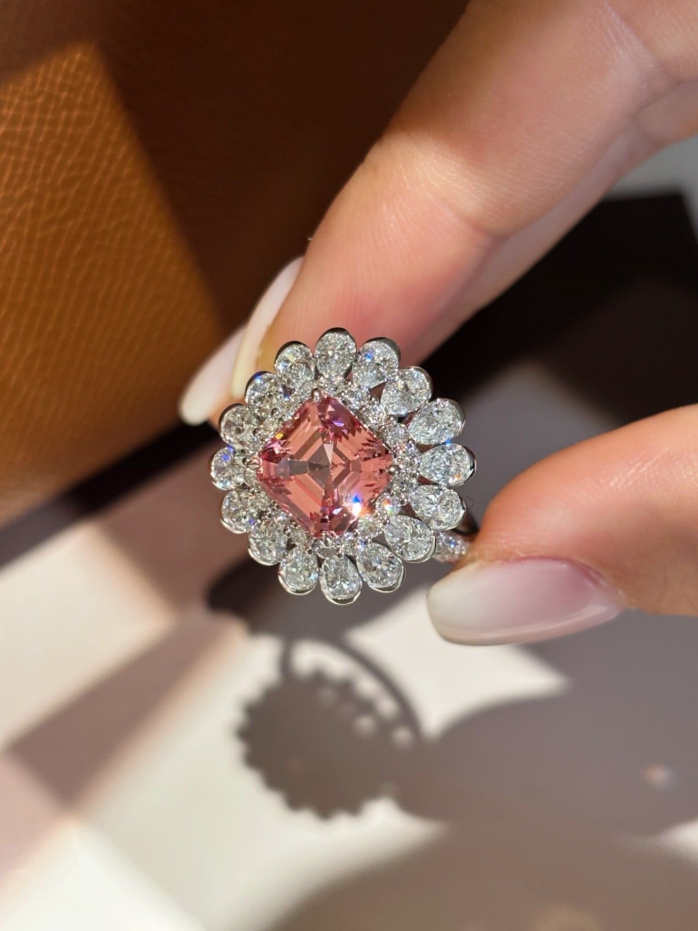 3.66ct 6.23gTimeless Pink Asscher Cut Engagement Ring | Floral Halo Lab-Grown Beauty