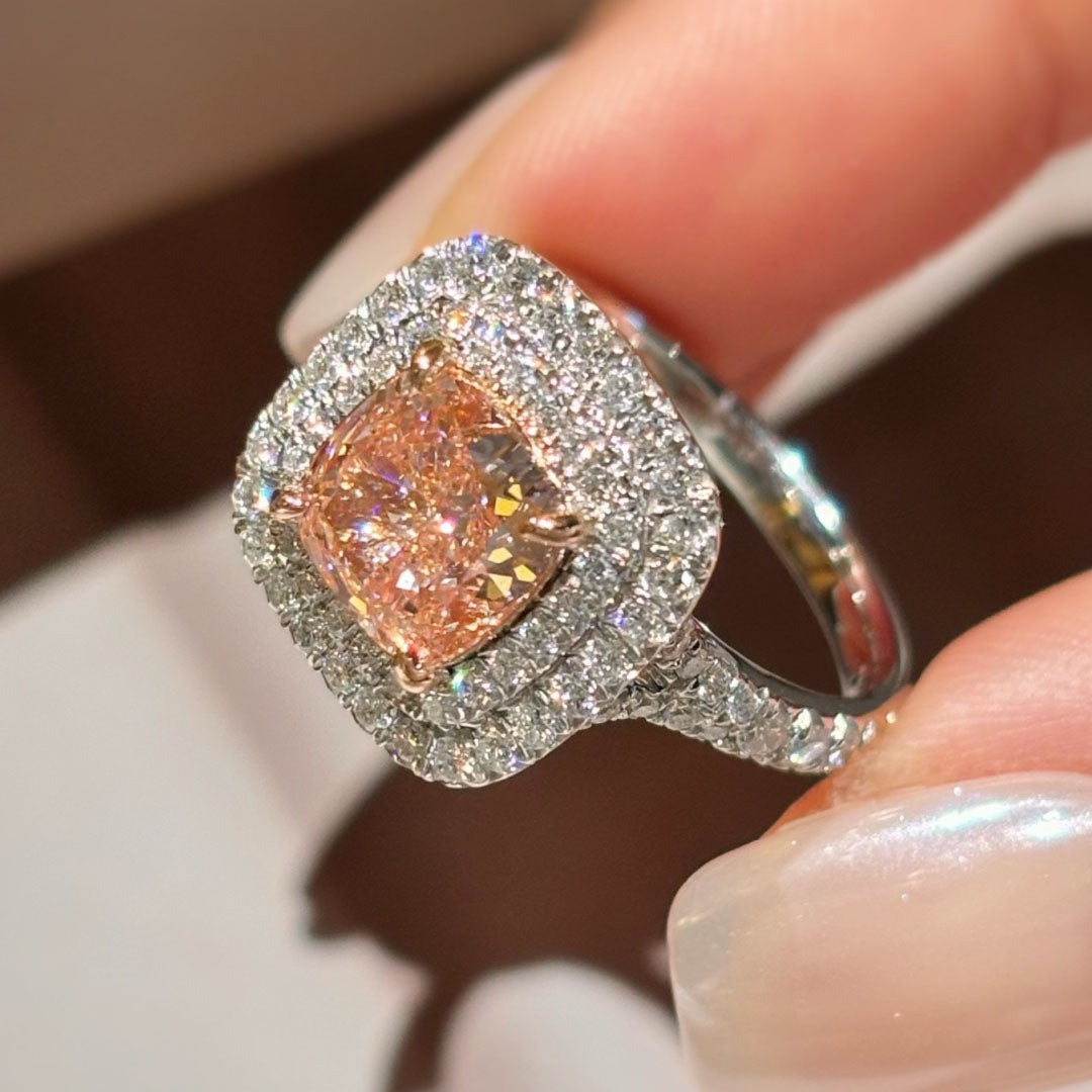 2.15 Carat 6.72g 18K Gold | Cushion Cut Pink Lab-Grown Diamond Ring | 6.72g 18K Gold | Vintage Half-Halo Design
