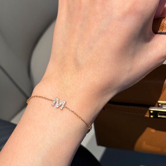 M' Initial Pendant Bracelet with LAB Diamond | 18K Gold Minimalist Letter Jewelry