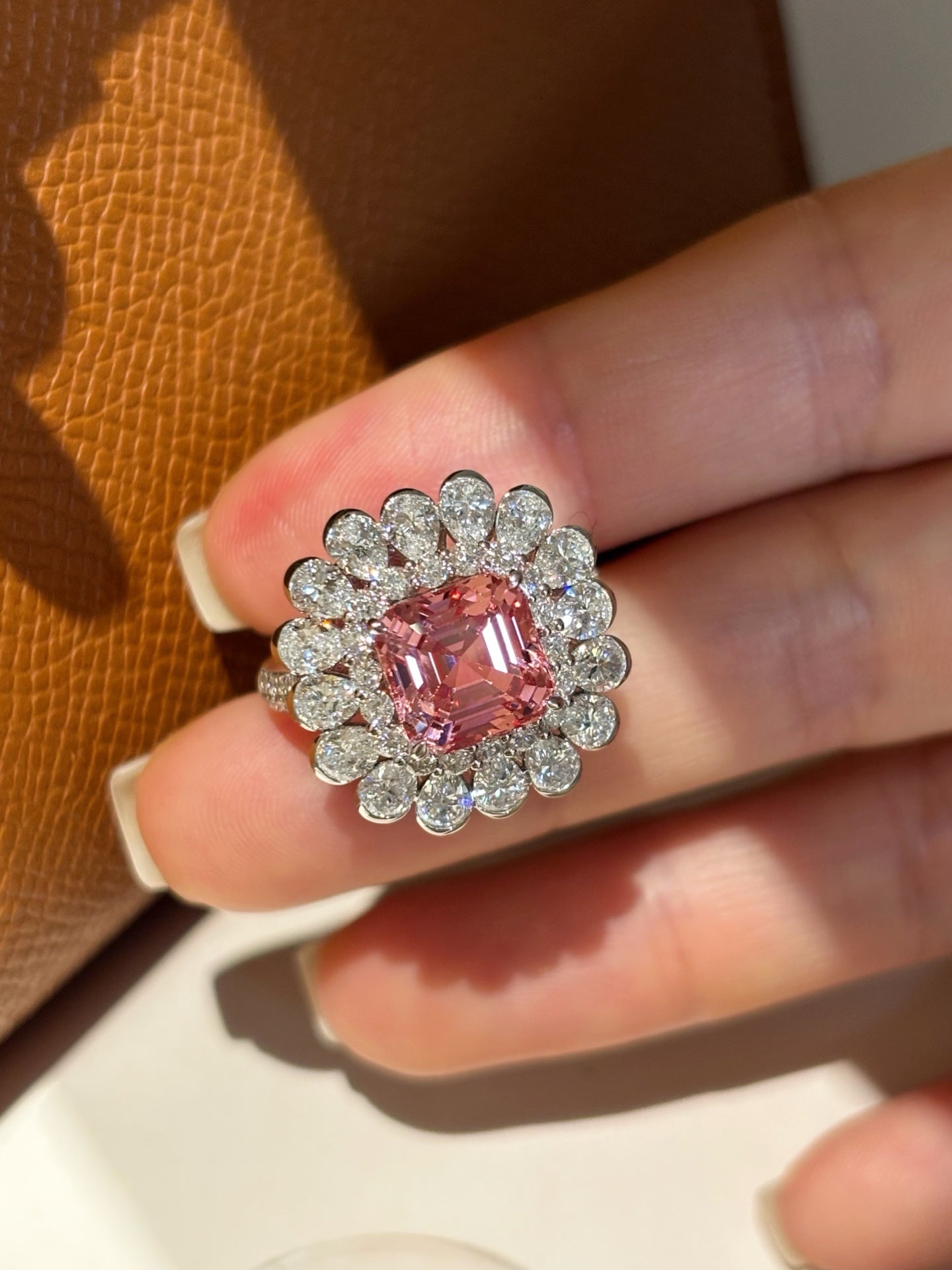3.66ct 6.23gTimeless Pink Asscher Cut Engagement Ring | Floral Halo Lab-Grown Beauty