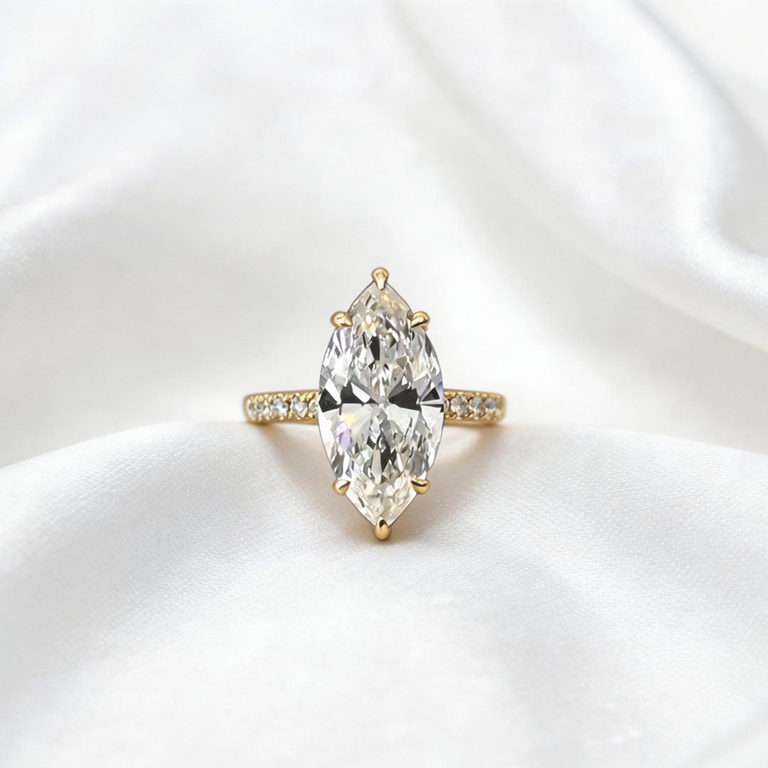 Marquise Cut Lab Diamond Ring | Clover-Shank Band | Half Eternity Accent | Unique Design