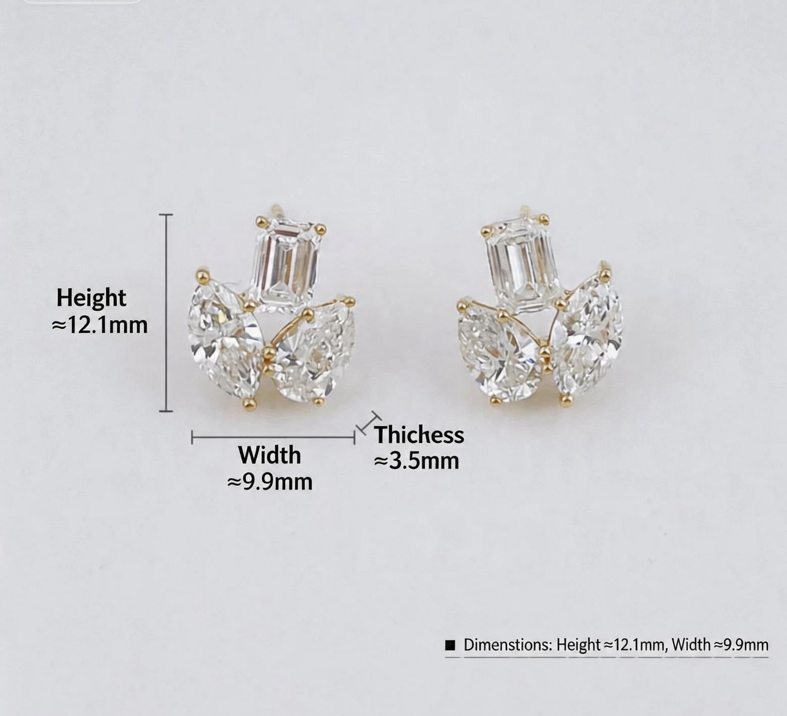 Emerald & Pear Cut Lab Diamond Cluster Studs | Everyday Luxury Earrings |18K Gold