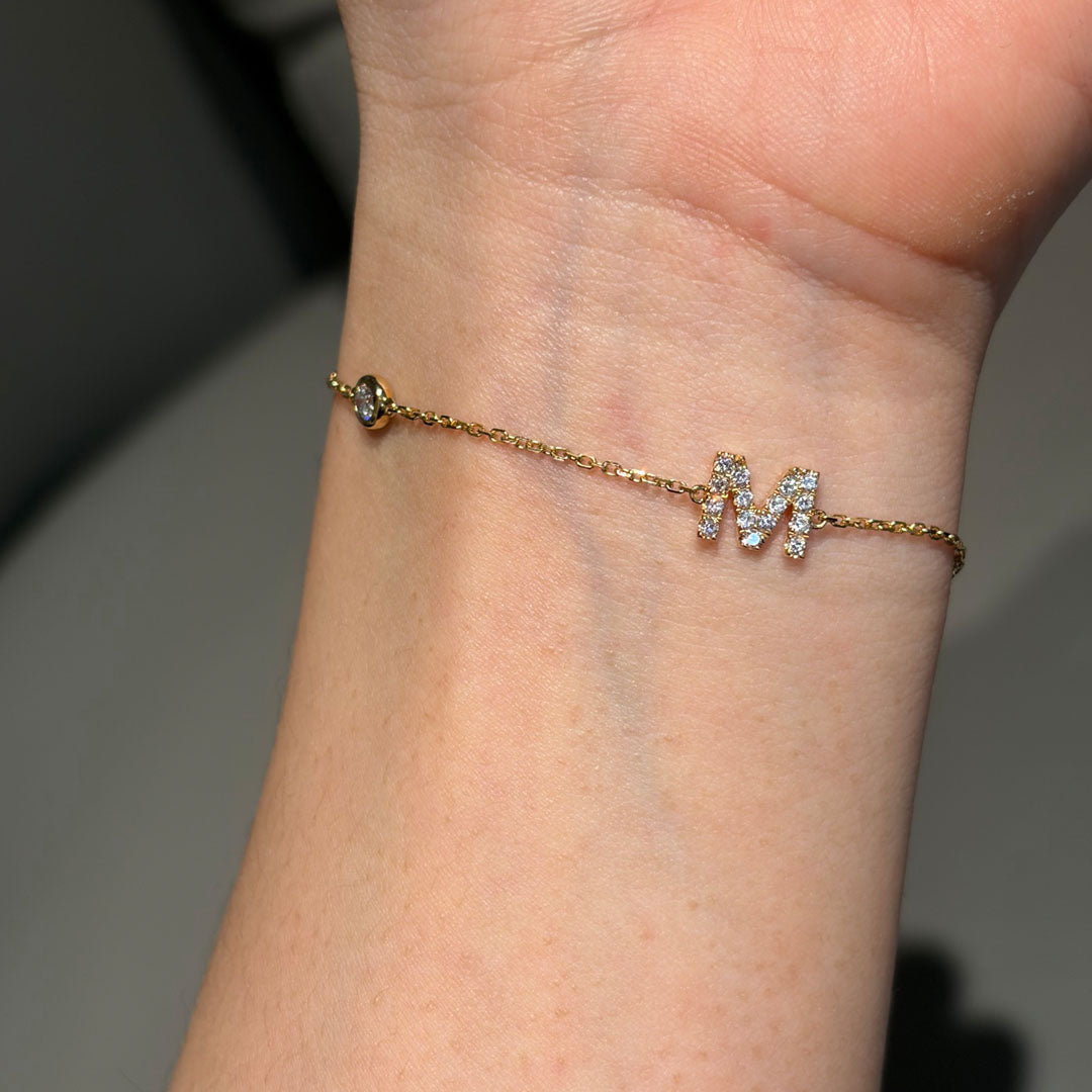 M' Initial Pendant Bracelet with LAB Diamond | 18K Gold Minimalist Letter Jewelry