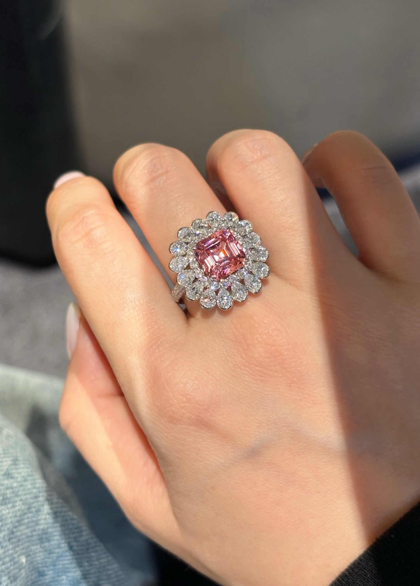 3.66ct 6.23gTimeless Pink Asscher Cut Engagement Ring | Floral Halo Lab-Grown Beauty