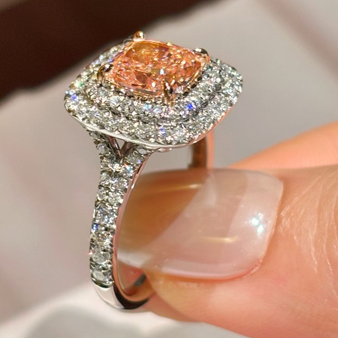 2.15 Carat 6.72g 18K Gold | Cushion Cut Pink Lab-Grown Diamond Ring | 6.72g 18K Gold | Vintage Half-Halo Design