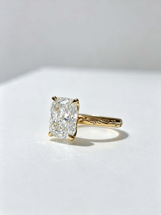 Elongated Old Mine Cut Lab Grown Diamond Engagement Ring | 18K Gold | Vintage Leaf Engraved Band