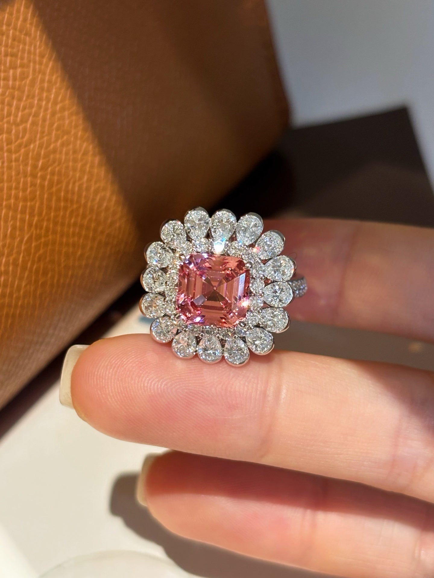3.66ct 6.23gTimeless Pink Asscher Cut Engagement Ring | Floral Halo Lab-Grown Beauty