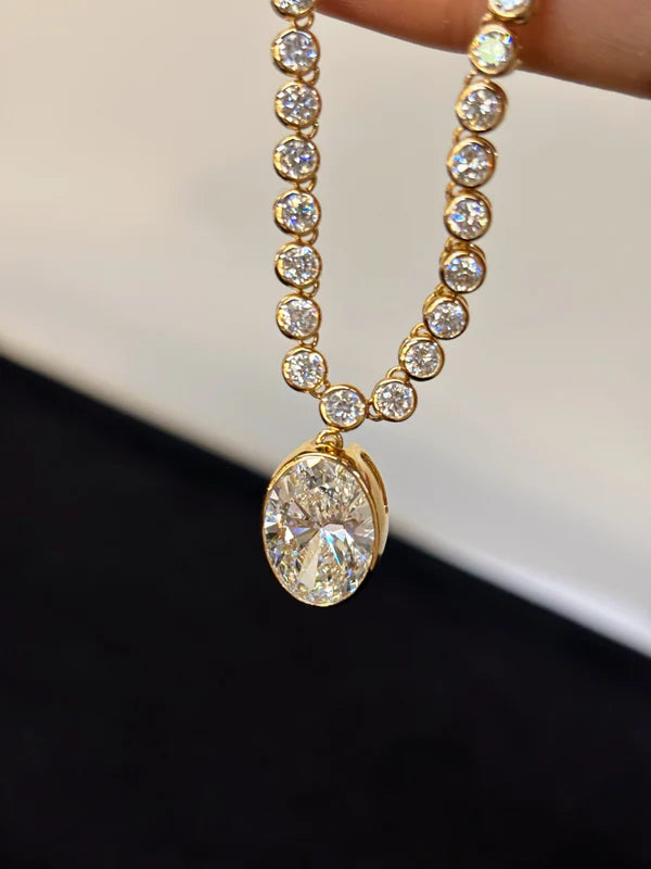 Bubble Bezel Lab Grown Diamond Tennis Necklace with Removable Oval Pendant | 18K Yellow Gold
