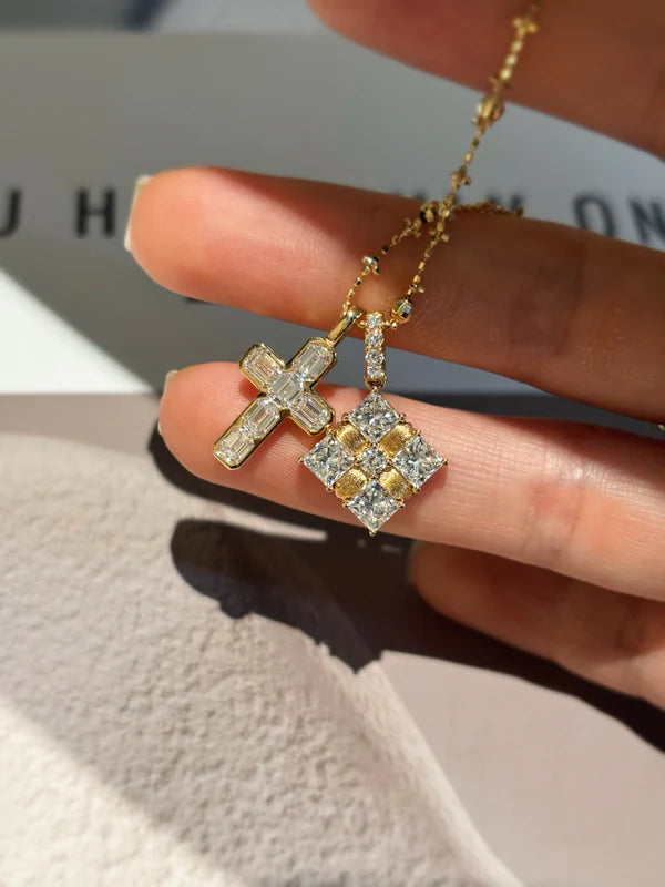 Princess Cut Lab Grown Diamond Square Pendant Necklace with Brushed Finish | 18K Yellow Gold