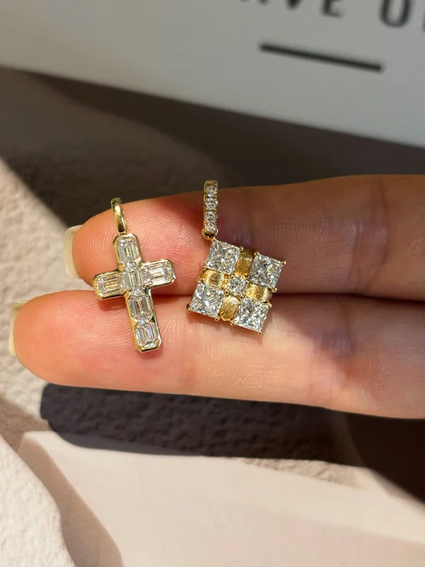 Princess Cut Lab Grown Diamond Square Pendant Necklace with Brushed Finish | 18K Yellow Gold