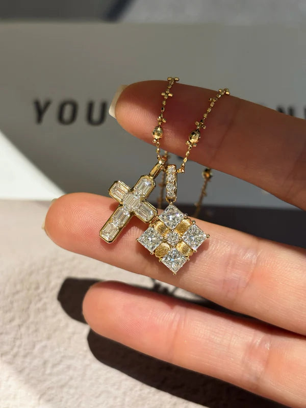 Princess Cut Lab Grown Diamond Square Pendant Necklace with Brushed Finish | 18K Yellow Gold