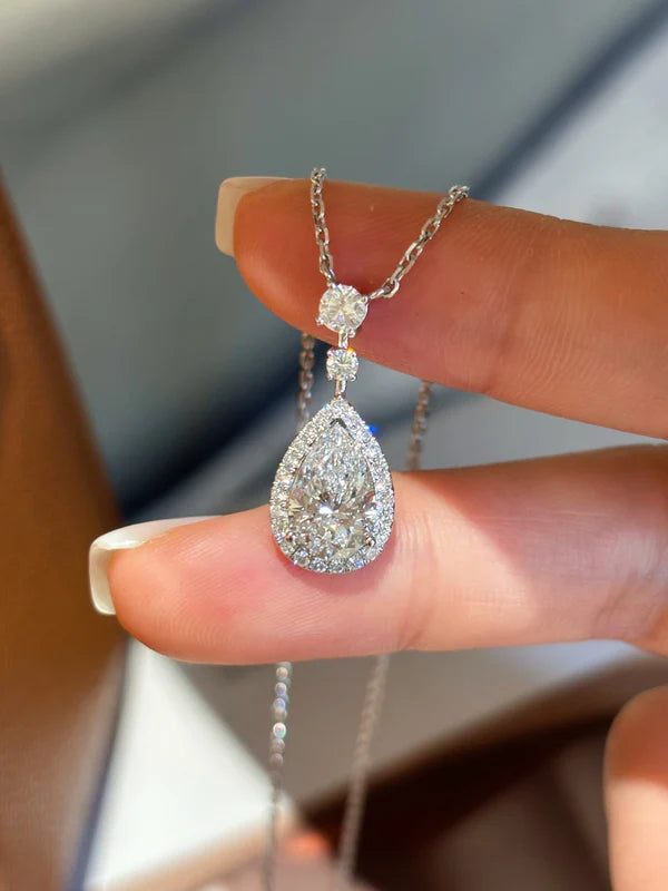 Pear Shape Lab Grown Diamond Necklace with Halo & Accent Round Diamonds | Platinum