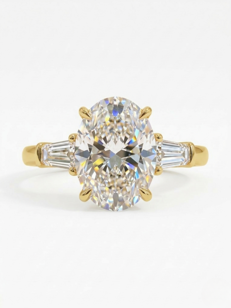 Oval Center Trilogy Ring | Baguette Sidestones | Architectural Elegance | Lab-Grown Diamonds