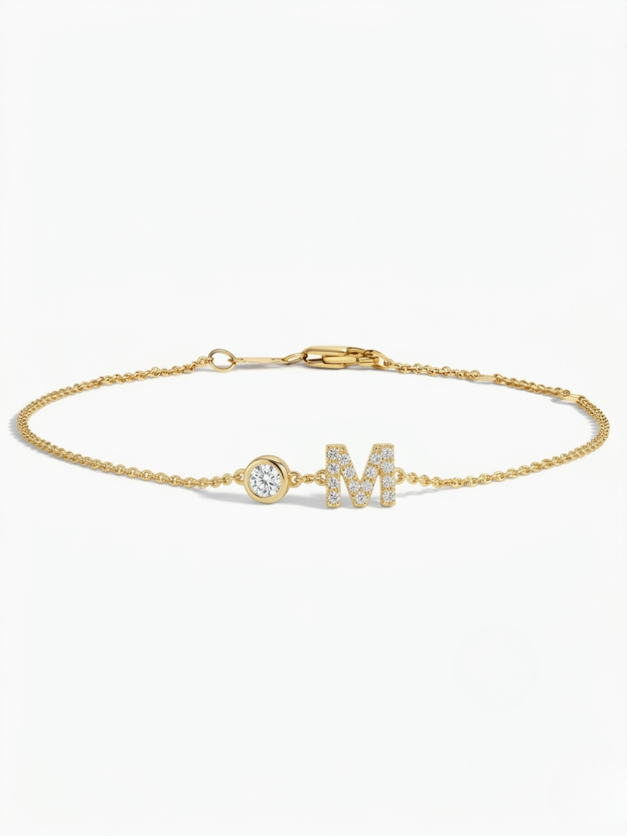 M' Initial Pendant Bracelet with LAB Diamond | 18K Gold Minimalist Letter Jewelry