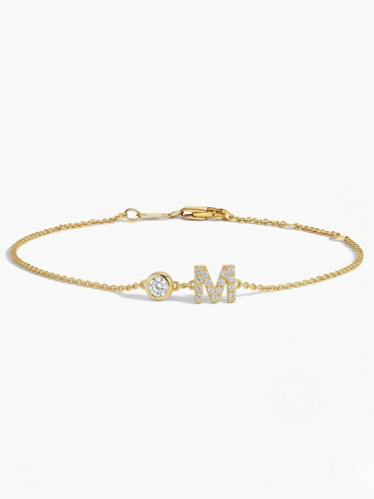 M' Initial Pendant Bracelet with LAB Diamond | 18K Gold Minimalist Letter Jewelry