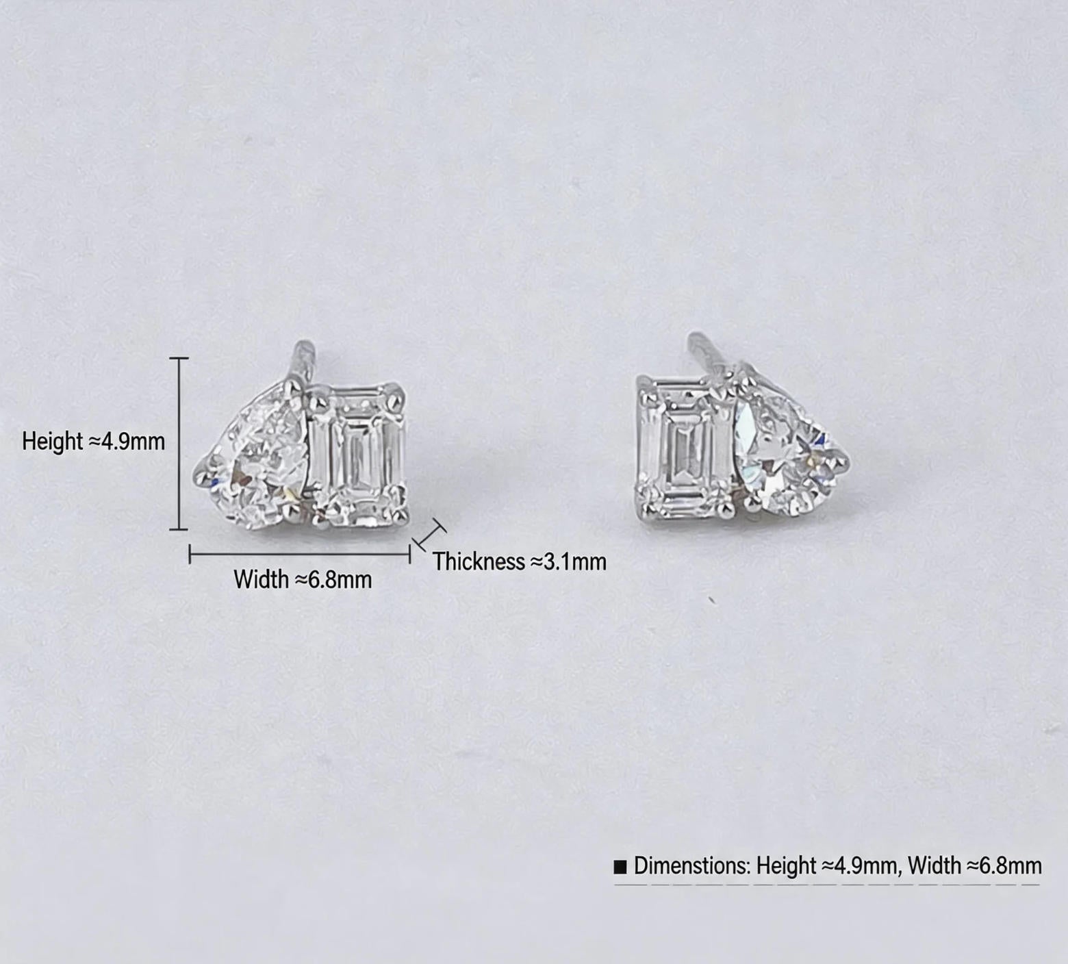 Emerald & Pear Cut Lab Grown Diamond Two-Stone Stud Earrings| 18K White Gold