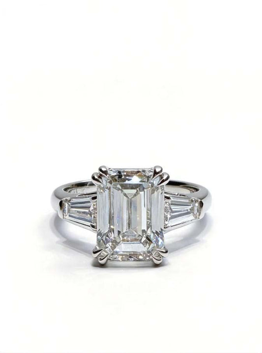 Emerald Cut Lab Grown Diamond Three Stone Engagement Ring | Classic Baguette Accent Bridal Ring | 18K Gold