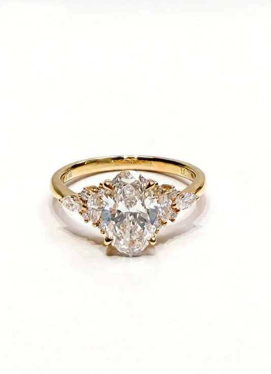 Oval Shape Lab Grown Diamond Engagement Ring | Marquise Accent Bridal Proposal Ring | 18K Gold