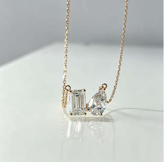 Emerald‑Cut & Pear‑Cut Lab‑Grown Diamond Two‑Stone Pendant Necklace | 18K Gold