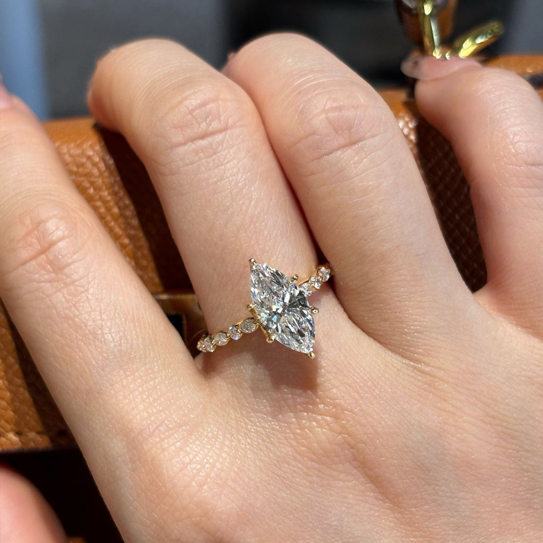 Marquise Cut Lab Diamond Ring | Clover-Shank Band | Half Eternity Accent | Unique Design