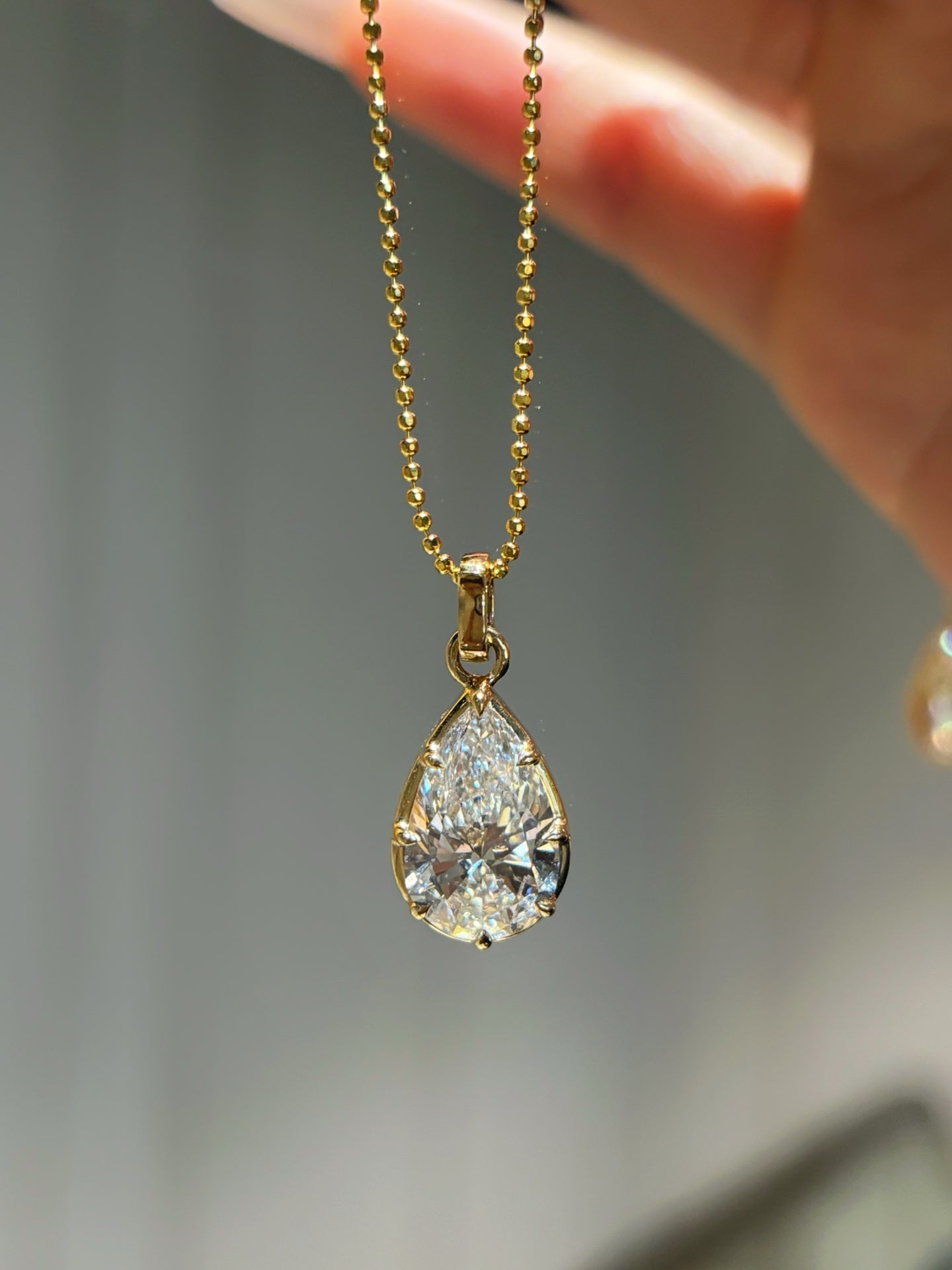 3CT Pear Cut Bezel Set Lab Grown Diamond Bead Chain Pendant Necklace | 18K Gold