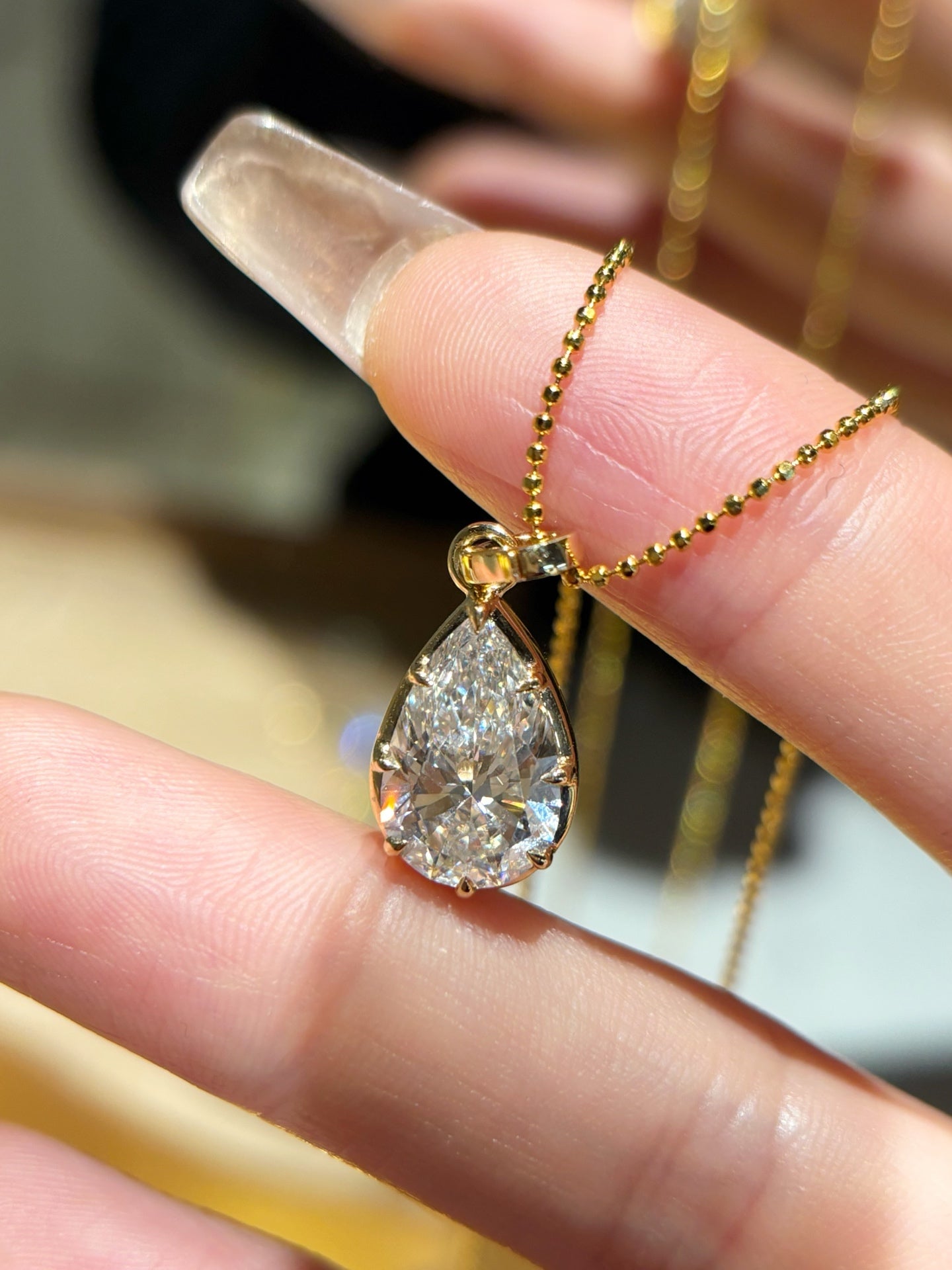 3CT Pear Cut Bezel Set Lab Grown Diamond Bead Chain Pendant Necklace | 18K Gold