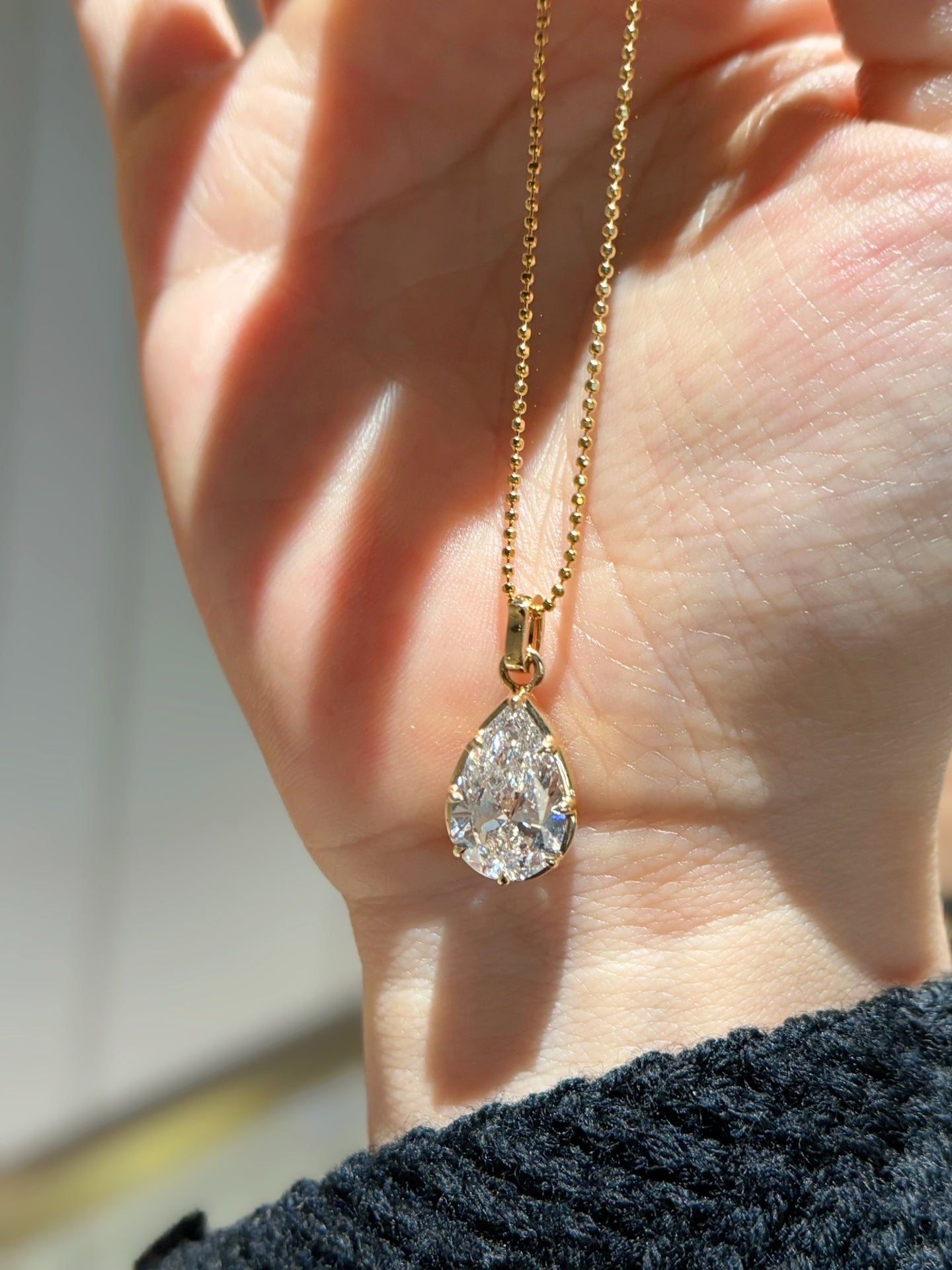 3CT Pear Cut Bezel Set Lab Grown Diamond Bead Chain Pendant Necklace | 18K Gold